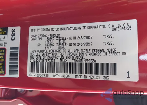 2025 Toyota Tacoma Sr5 4Wd z USA, uszkodzony, nr VIN 3TYLB5JN5ST077353